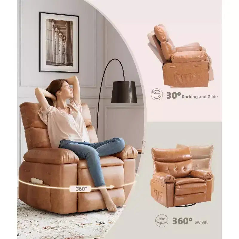27 fauteuils inclinables surdimensionnés avec chauffage et massage - Fauteuil inclinable paresseux pivotant à 360° pour adultes - Fauteuil à bascule manuel avec télécommande pour le salon