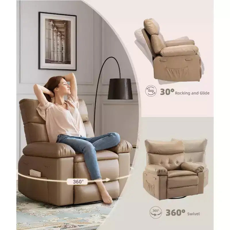 27 fauteuils inclinables surdimensionnés avec chauffage et massage - Fauteuil inclinable paresseux pivotant à 360° pour adultes - Fauteuil à bascule manuel avec télécommande pour le salon
