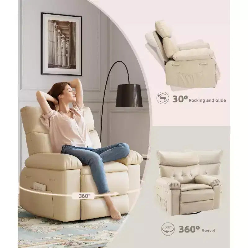 27 fauteuils inclinables surdimensionnés avec chauffage et massage - Fauteuil inclinable paresseux pivotant à 360° pour adultes - Fauteuil à bascule manuel avec télécommande pour le salon