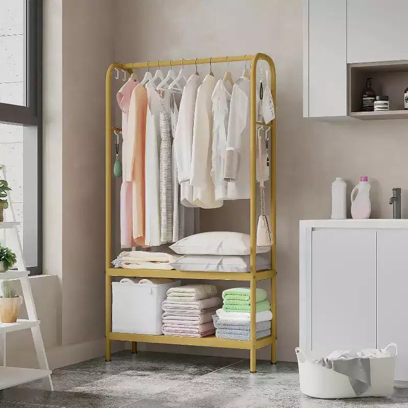 Portant à vêtements robuste, cintre autoportant solide avec 2 étagères, porte-manteau en métal pour chambre, bureau ou salon