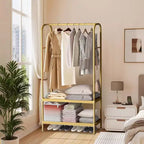 Portant à vêtements robuste, cintre autoportant solide avec 2 étagères, porte-manteau en métal pour chambre, bureau ou salon