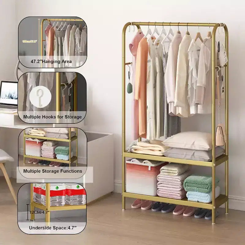 Portant à vêtements robuste, cintre autoportant solide avec 2 étagères, porte-manteau en métal pour chambre, bureau ou salon