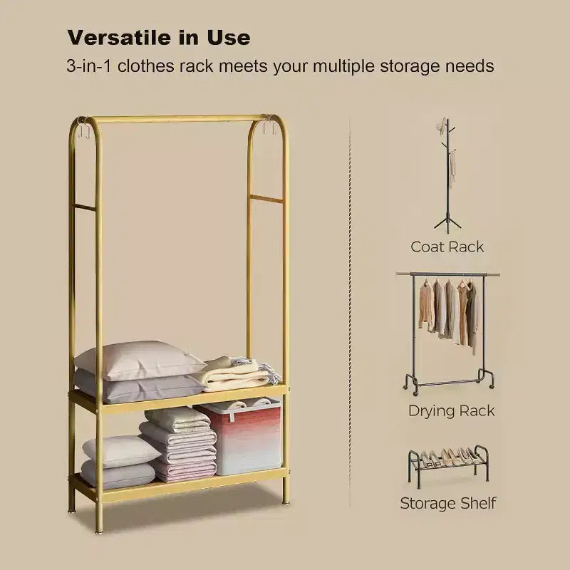 Portant à vêtements robuste, cintre autoportant solide avec 2 étagères, porte-manteau en métal pour chambre, bureau ou salon