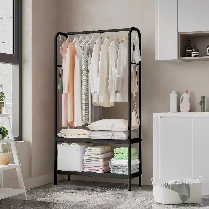 Portant à vêtements robuste, cintre autoportant solide avec 2 étagères, porte-manteau en métal pour chambre, bureau ou salon
