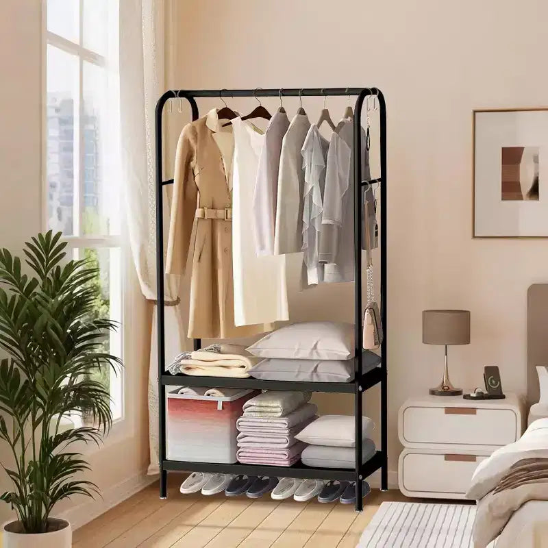 Portant à vêtements robuste, cintre autoportant solide avec 2 étagères, porte-manteau en métal pour chambre, bureau ou salon