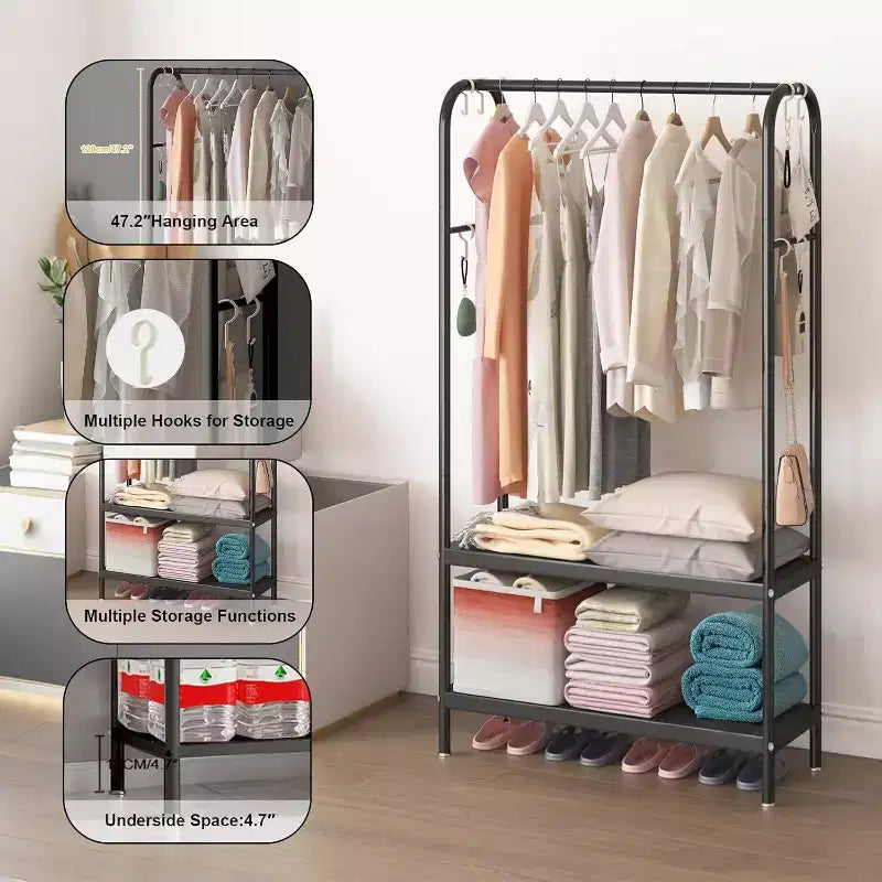 Portant à vêtements robuste, cintre autoportant solide avec 2 étagères, porte-manteau en métal pour chambre, bureau ou salon