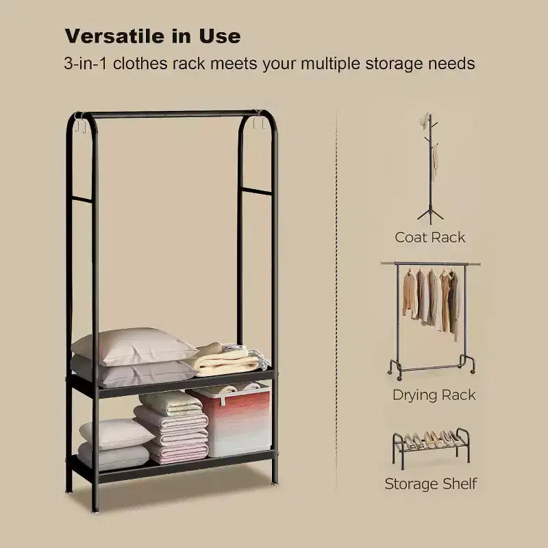 Portant à vêtements robuste, cintre autoportant solide avec 2 étagères, porte-manteau en métal pour chambre, bureau ou salon
