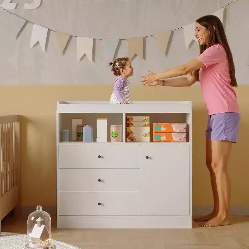 Commode à langer Acekool pour bébé, table à langer en bois avec tiroirs et armoire, étagères ouvertes, pour chambre à coucher ou chambre d'enfant