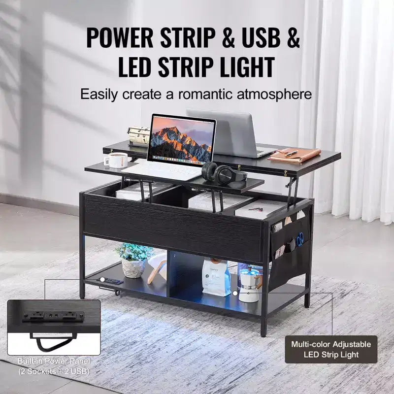 Table Basse Relevable VEVOR, Table Basse Rectangulaire de 100 cm, Table Basse Modulable avec Multiprise, USB et Éclairage Ambiant, Noire