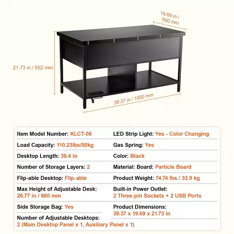 Table Basse Relevable VEVOR, Table Basse Rectangulaire de 100 cm, Table Basse Modulable avec Multiprise, USB et Éclairage Ambiant, Noire