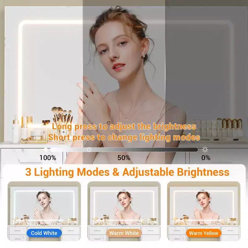 Coiffeuse avec miroir LED 3 modes et prises de chargement, grande coiffeuse avec 7 tiroirs et armoire de rangement, table de maquillage moderne