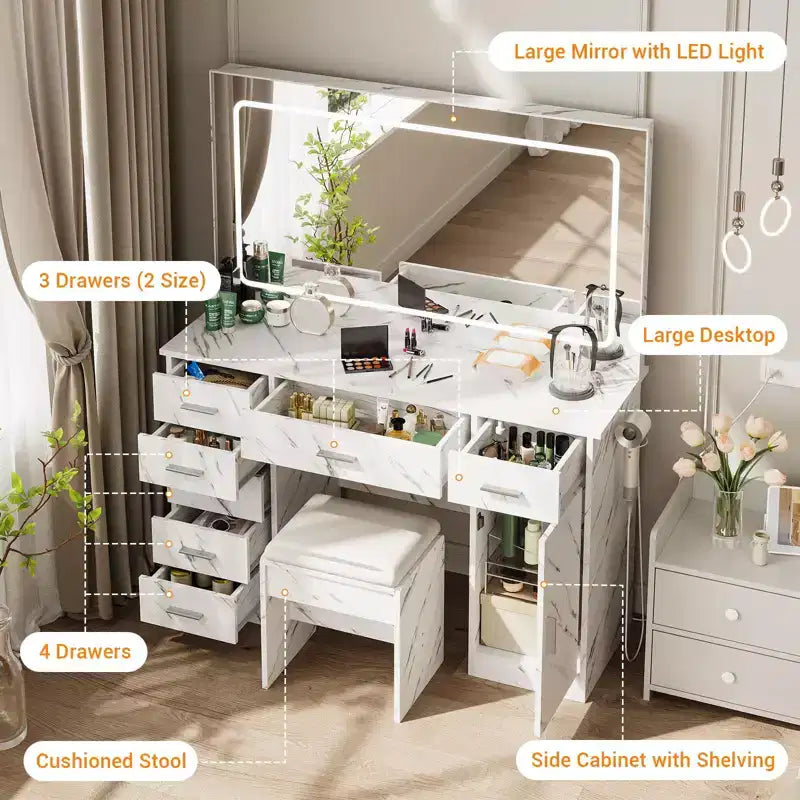 Coiffeuse avec miroir LED 3 modes et prises de chargement, grande coiffeuse avec 7 tiroirs et armoire de rangement, table de maquillage moderne