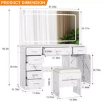 Coiffeuse avec miroir LED 3 modes et prises de chargement, grande coiffeuse avec 7 tiroirs et armoire de rangement, table de maquillage moderne