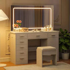 Coiffeuse avec miroir LED 3 modes et prises de chargement, grande coiffeuse avec 7 tiroirs et armoire de rangement, table de maquillage moderne