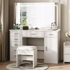 Coiffeuse avec miroir LED 3 modes et prises de chargement, grande coiffeuse avec 7 tiroirs et armoire de rangement, table de maquillage moderne