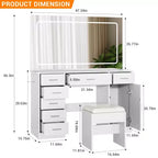 Coiffeuse avec miroir LED 3 modes et prises de chargement, grande coiffeuse avec 7 tiroirs et armoire de rangement, table de maquillage moderne