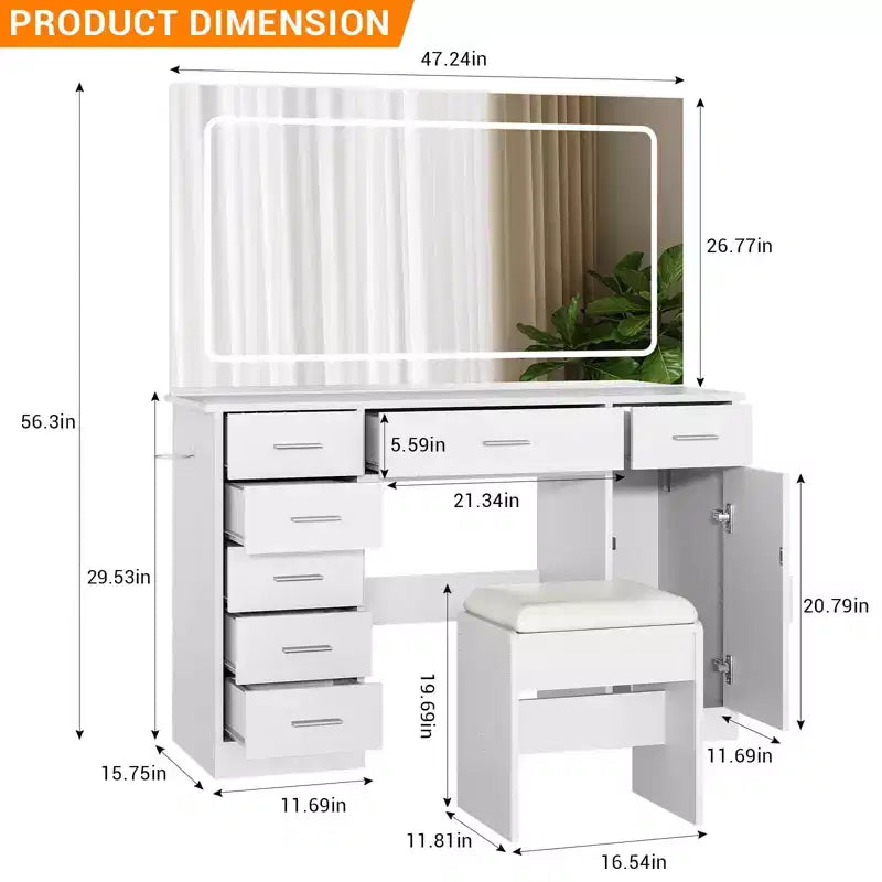 Coiffeuse avec miroir LED 3 modes et prises de chargement, grande coiffeuse avec 7 tiroirs et armoire de rangement, table de maquillage moderne