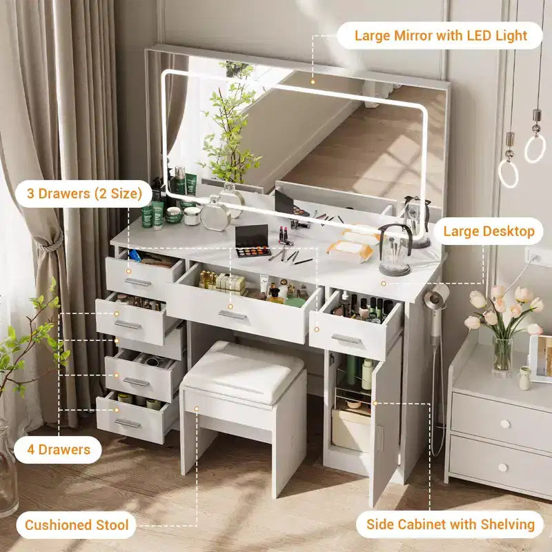 Coiffeuse avec miroir LED 3 modes et prises de chargement, grande coiffeuse avec 7 tiroirs et armoire de rangement, table de maquillage moderne