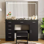 Coiffeuse avec miroir LED 3 modes et prises de chargement, grande coiffeuse avec 7 tiroirs et armoire de rangement, table de maquillage moderne