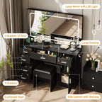 Coiffeuse avec miroir LED 3 modes et prises de chargement, grande coiffeuse avec 7 tiroirs et armoire de rangement, table de maquillage moderne