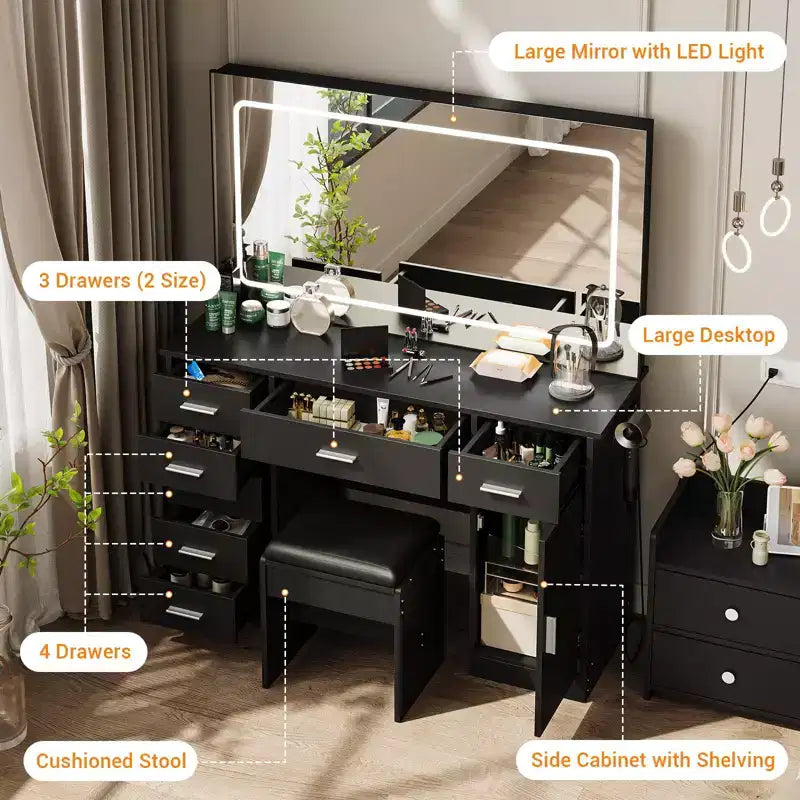 Coiffeuse avec miroir LED 3 modes et prises de chargement, grande coiffeuse avec 7 tiroirs et armoire de rangement, table de maquillage moderne