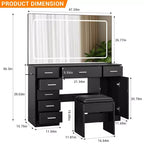 Coiffeuse avec miroir LED 3 modes et prises de chargement, grande coiffeuse avec 7 tiroirs et armoire de rangement, table de maquillage moderne