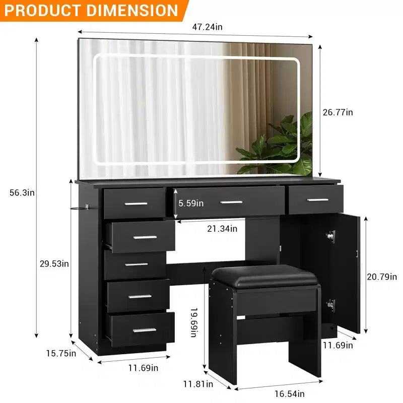 Coiffeuse avec miroir LED 3 modes et prises de chargement, grande coiffeuse avec 7 tiroirs et armoire de rangement, table de maquillage moderne