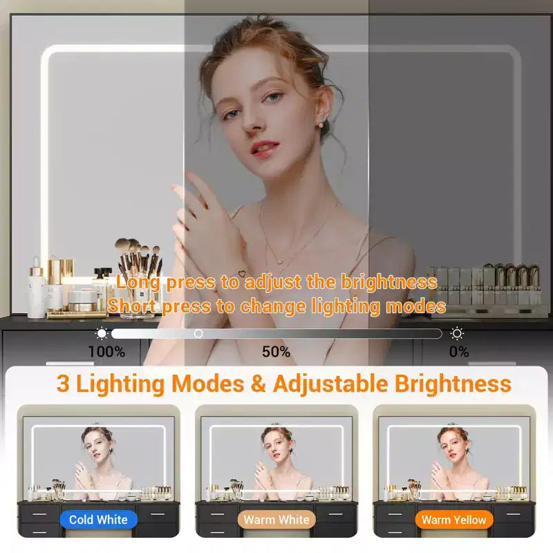 Coiffeuse avec miroir LED 3 modes et prises de chargement, grande coiffeuse avec 7 tiroirs et armoire de rangement, table de maquillage moderne