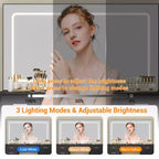 Coiffeuse avec miroir LED 3 modes et prises de chargement, grande coiffeuse avec 7 tiroirs et armoire de rangement, table de maquillage moderne