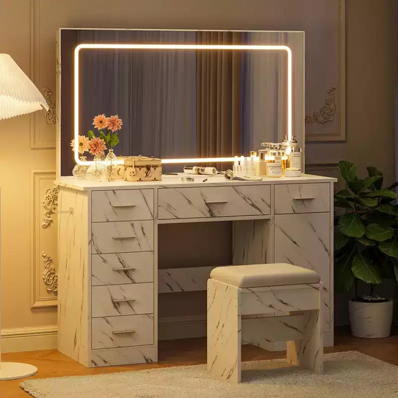 Coiffeuse avec miroir LED 3 modes et prises de chargement, grande coiffeuse avec 7 tiroirs et armoire de rangement, table de maquillage moderne
