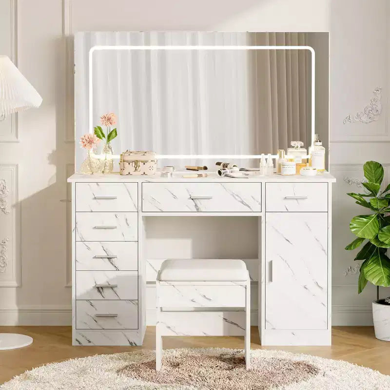 Coiffeuse avec miroir LED 3 modes et prises de chargement, grande coiffeuse avec 7 tiroirs et armoire de rangement, table de maquillage moderne