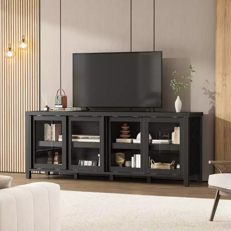 Meuble TV Garvee pour 65 pouces, meuble de divertissement avec armoire de rangement et 4 portes coulissantes en verre, console pour salon chambre à coucher