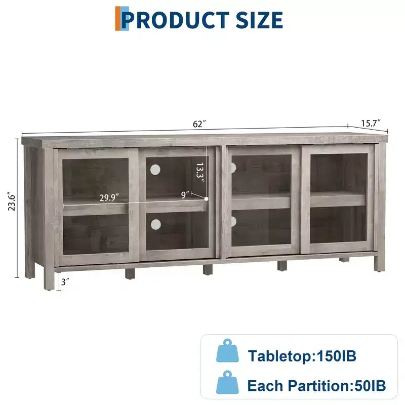 Meuble TV Garvee pour 65 pouces, meuble de divertissement avec armoire de rangement et 4 portes coulissantes en verre, console pour salon chambre à coucher