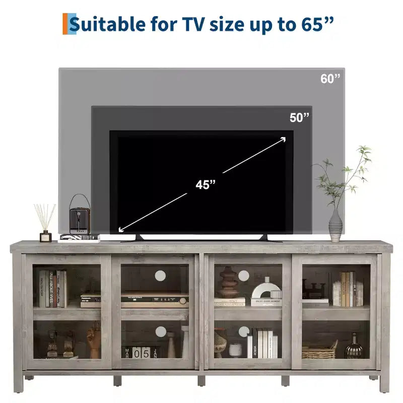 Meuble TV Garvee pour 65 pouces, meuble de divertissement avec armoire de rangement et 4 portes coulissantes en verre, console pour salon chambre à coucher