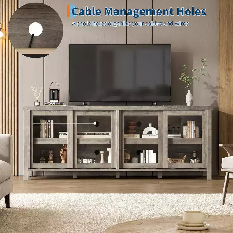 Meuble TV Garvee pour 65 pouces, meuble de divertissement avec armoire de rangement et 4 portes coulissantes en verre, console pour salon chambre à coucher