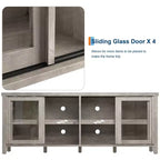 Meuble TV Garvee pour 65 pouces, meuble de divertissement avec armoire de rangement et 4 portes coulissantes en verre, console pour salon chambre à coucher