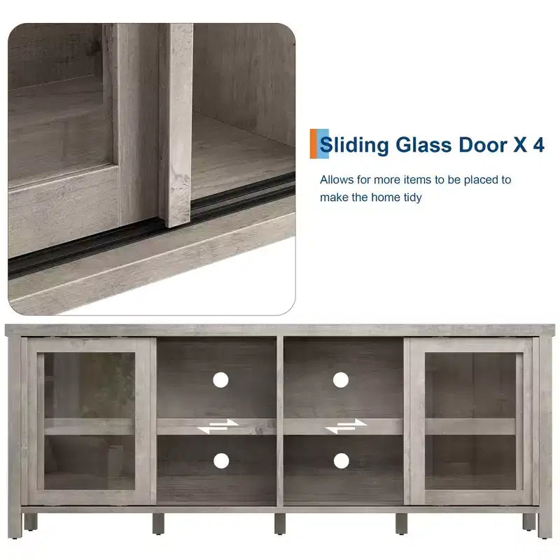 Meuble TV Garvee pour 65 pouces, meuble de divertissement avec armoire de rangement et 4 portes coulissantes en verre, console pour salon chambre à coucher