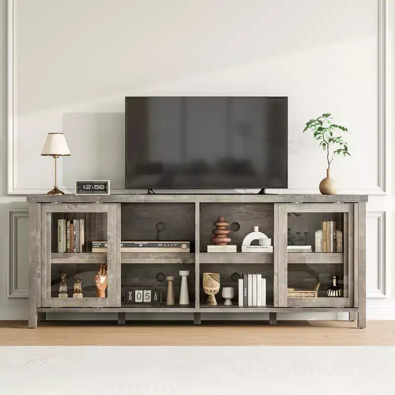 Meuble TV Garvee pour 65 pouces, meuble de divertissement avec armoire de rangement et 4 portes coulissantes en verre, console pour salon chambre à coucher