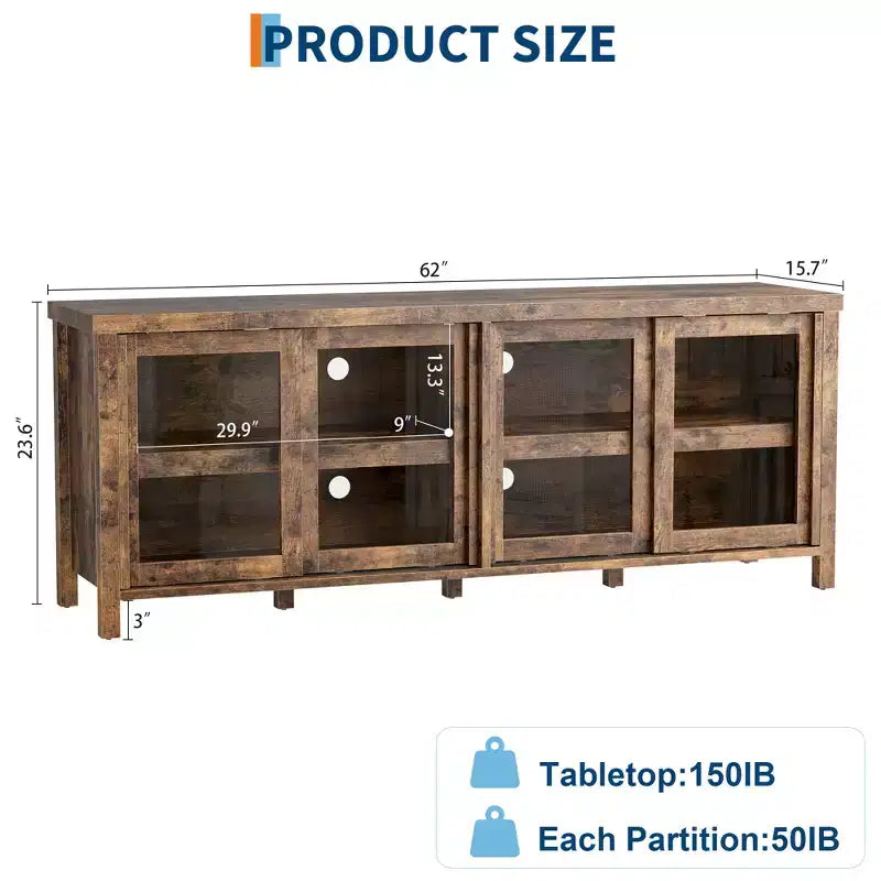 Meuble TV Garvee pour 65 pouces, meuble de divertissement avec armoire de rangement et 4 portes coulissantes en verre, console pour salon chambre à coucher
