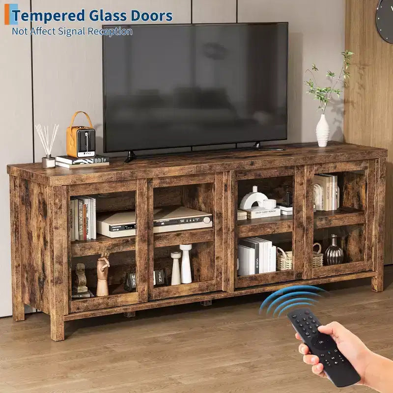Meuble TV Garvee pour 65 pouces, meuble de divertissement avec armoire de rangement et 4 portes coulissantes en verre, console pour salon chambre à coucher