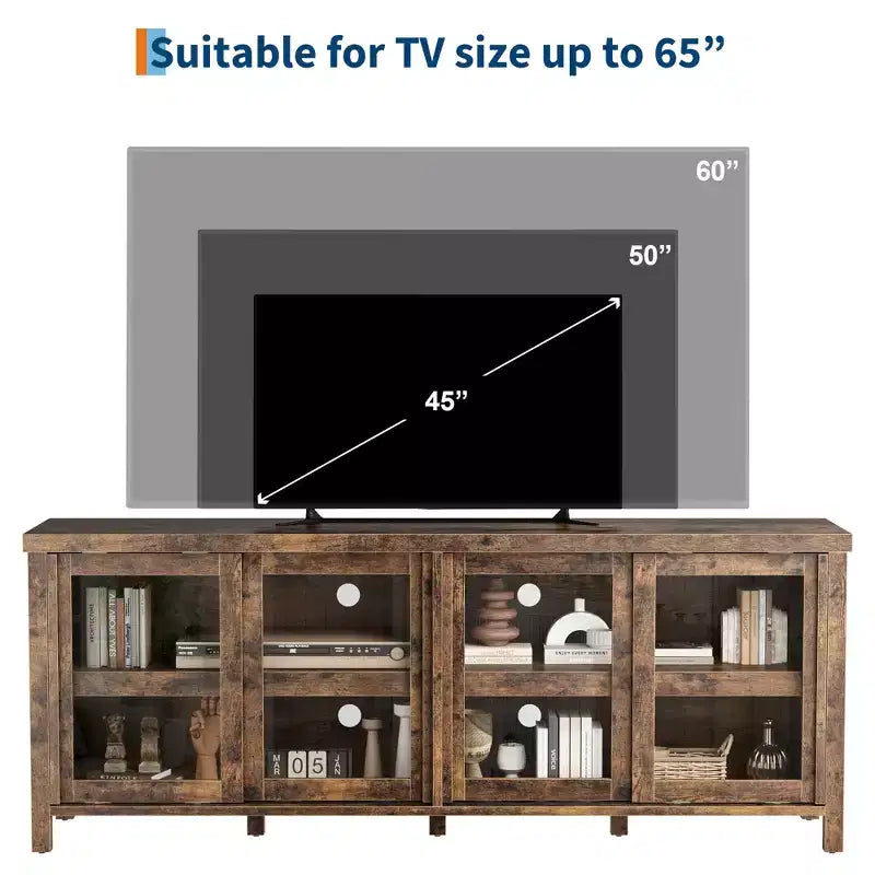 Meuble TV Garvee pour 65 pouces, meuble de divertissement avec armoire de rangement et 4 portes coulissantes en verre, console pour salon chambre à coucher