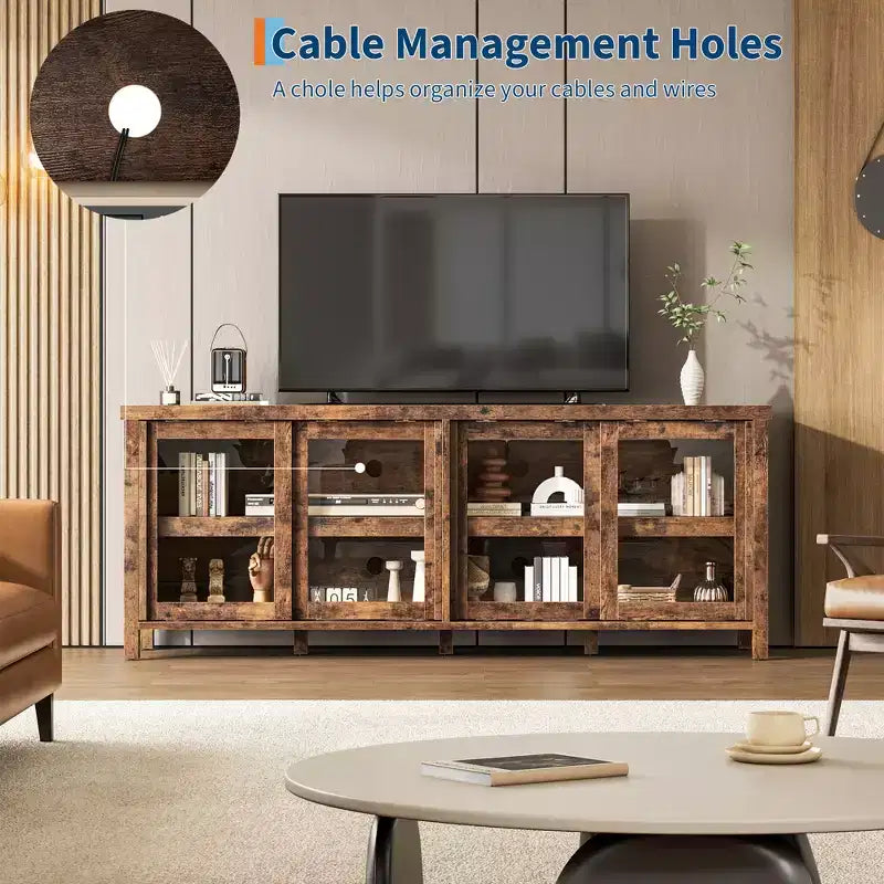 Meuble TV Garvee pour 65 pouces, meuble de divertissement avec armoire de rangement et 4 portes coulissantes en verre, console pour salon chambre à coucher