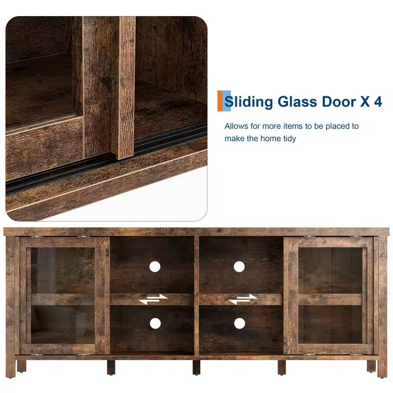 Meuble TV Garvee pour 65 pouces, meuble de divertissement avec armoire de rangement et 4 portes coulissantes en verre, console pour salon chambre à coucher