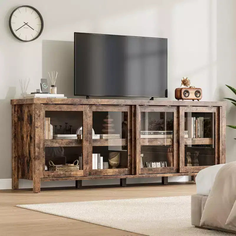 Meuble TV Garvee pour 65 pouces, meuble de divertissement avec armoire de rangement et 4 portes coulissantes en verre, console pour salon chambre à coucher