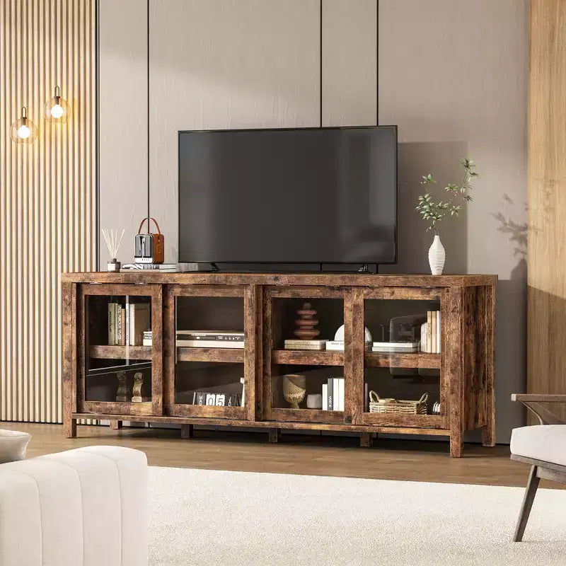 Meuble TV Garvee pour 65 pouces, meuble de divertissement avec armoire de rangement et 4 portes coulissantes en verre, console pour salon chambre à coucher