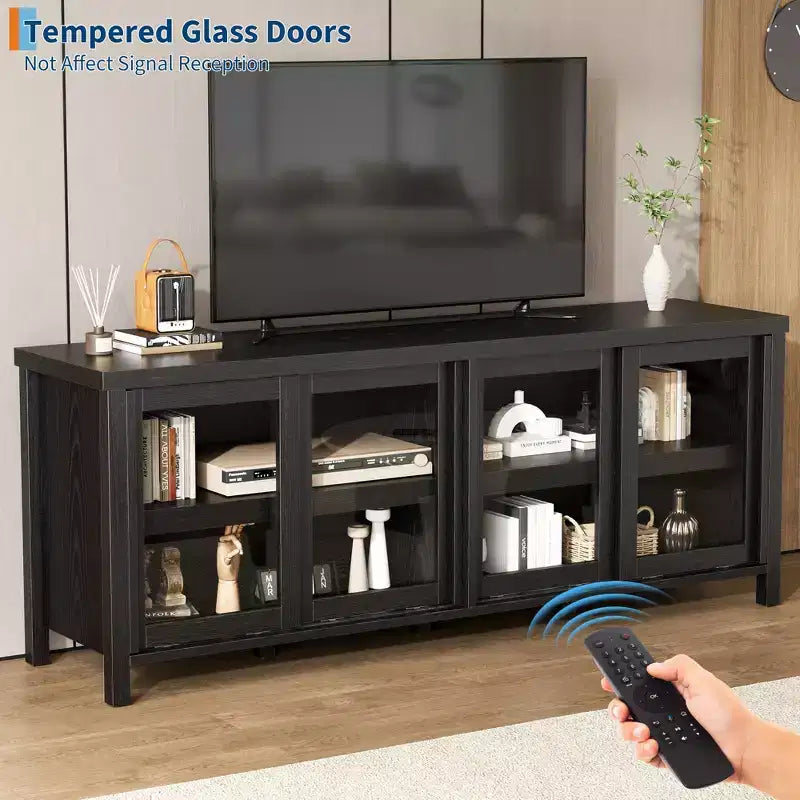 Meuble TV Garvee pour 65 pouces, meuble de divertissement avec armoire de rangement et 4 portes coulissantes en verre, console pour salon chambre à coucher