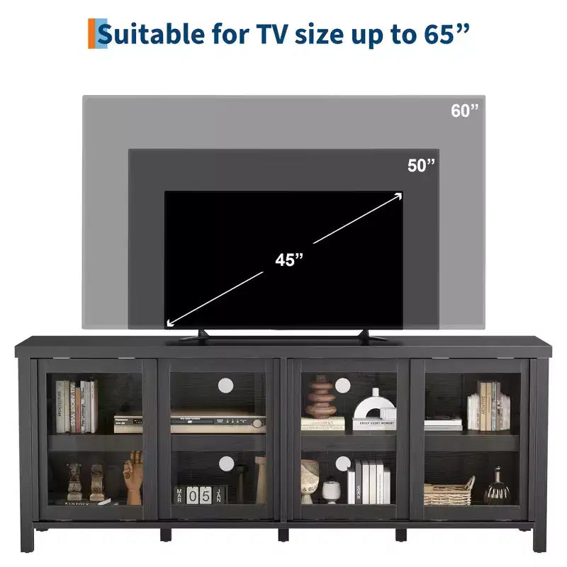 Meuble TV Garvee pour 65 pouces, meuble de divertissement avec armoire de rangement et 4 portes coulissantes en verre, console pour salon chambre à coucher