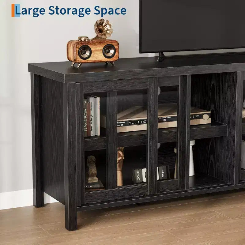 Meuble TV Garvee pour 65 pouces, meuble de divertissement avec armoire de rangement et 4 portes coulissantes en verre, console pour salon chambre à coucher