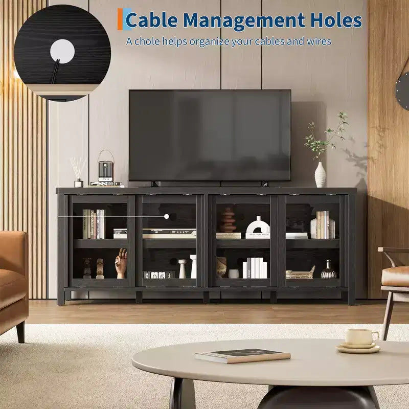 Meuble TV Garvee pour 65 pouces, meuble de divertissement avec armoire de rangement et 4 portes coulissantes en verre, console pour salon chambre à coucher