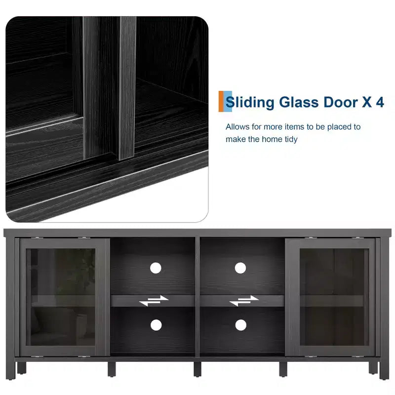 Meuble TV Garvee pour 65 pouces, meuble de divertissement avec armoire de rangement et 4 portes coulissantes en verre, console pour salon chambre à coucher